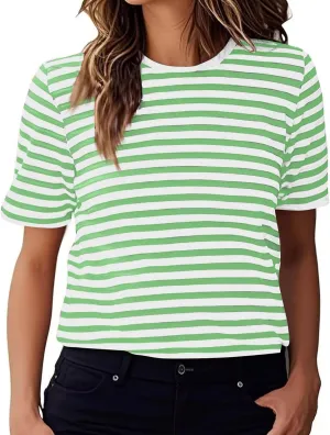Women's Oversized T Shirts Short Puff Sleeve Striped Crewneck Summer Tops Casual Loose Basic Tee Shirts 2025 Trendy Clothes