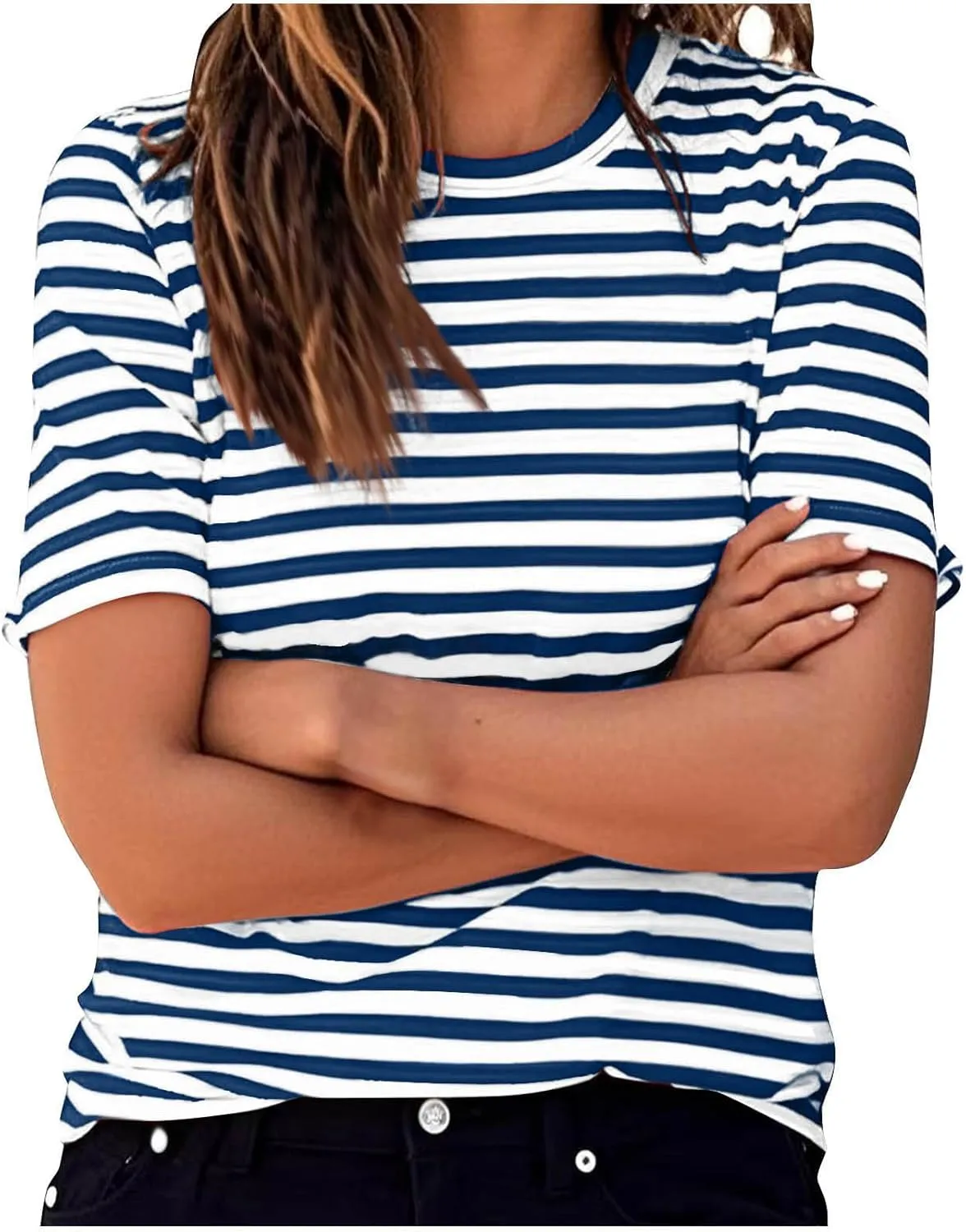 Women's Oversized T Shirts Short Puff Sleeve Striped Crewneck Summer Tops Casual Loose Basic Tee Shirts 2025 Trendy Clothes