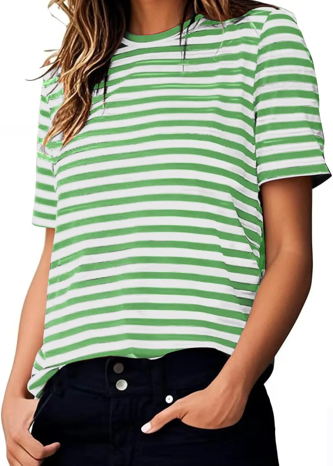 Women's Oversized T Shirts Short Puff Sleeve Striped Crewneck Summer Tops Casual Loose Basic Tee Shirts 2025 Trendy Clothes