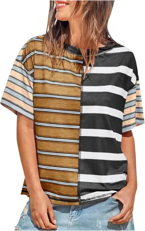 Womens Oversized Tops Striped Color Block Short Sleeve T-Shirts Crewneck Casual Loose Workout Summer Tee Blouses