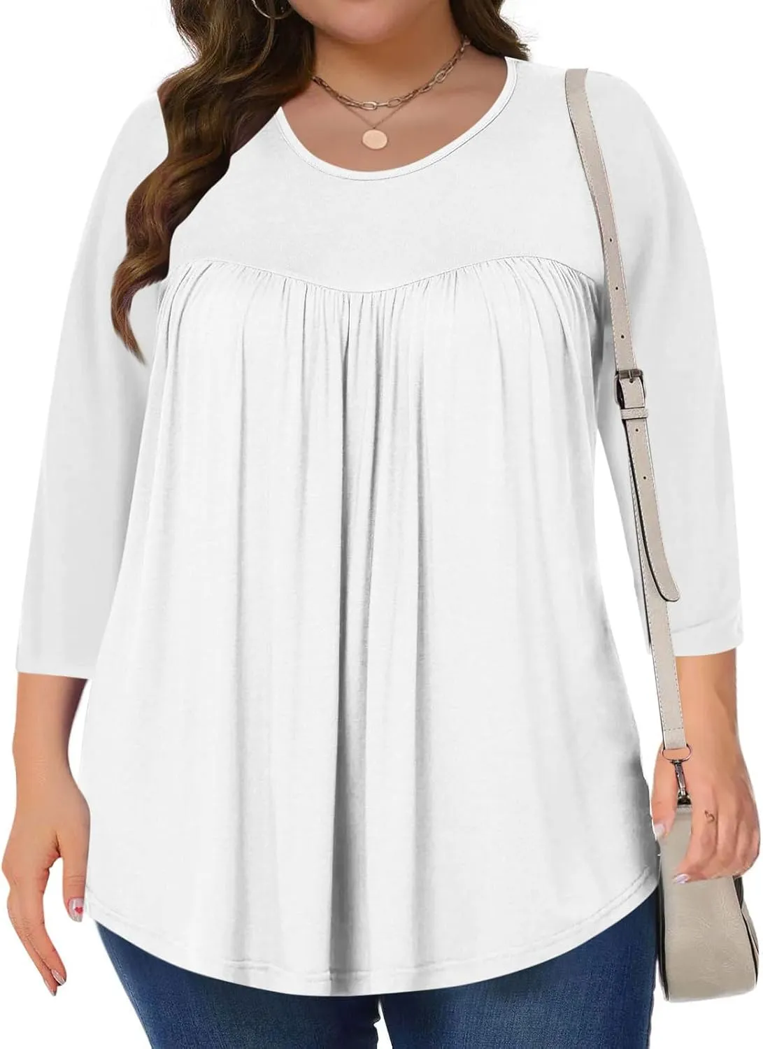 Womens Oversized Tunic Tops Summer 3/4 Sleeve Crewnek Flowy T Shirts Hide Belly Pleated Soft Comfy Casual Tee Blouses