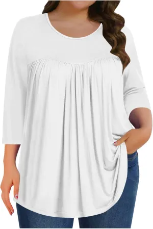 Womens Oversized Tunic Tops Summer 3/4 Sleeve Crewnek Flowy T Shirts Hide Belly Pleated Soft Comfy Casual Tee Blouses