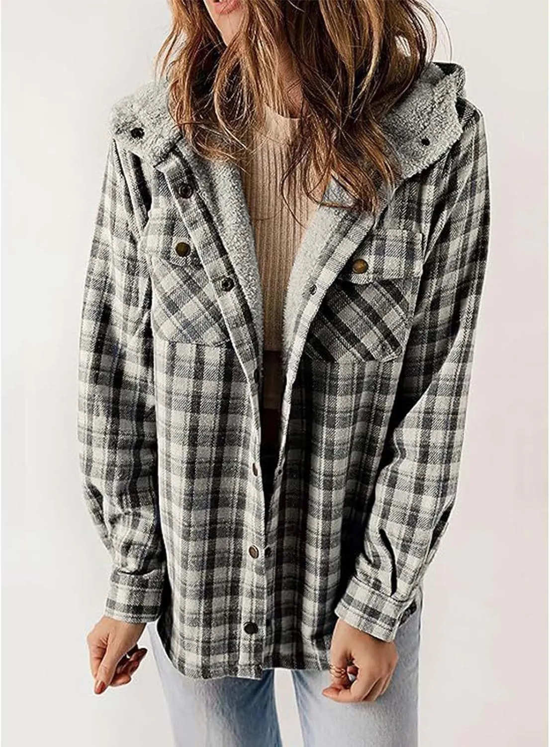 Womens Plaid Fleece Shacket Long Sleeve Button Down Sherpa Lined Hooded Jackets Fashion Loose Warm Coat with Pockets