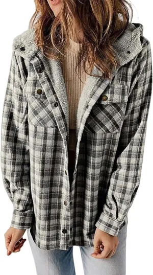Womens Plaid Fleece Shacket Long Sleeve Button Down Sherpa Lined Hooded Jackets Fashion Loose Warm Coat with Pockets