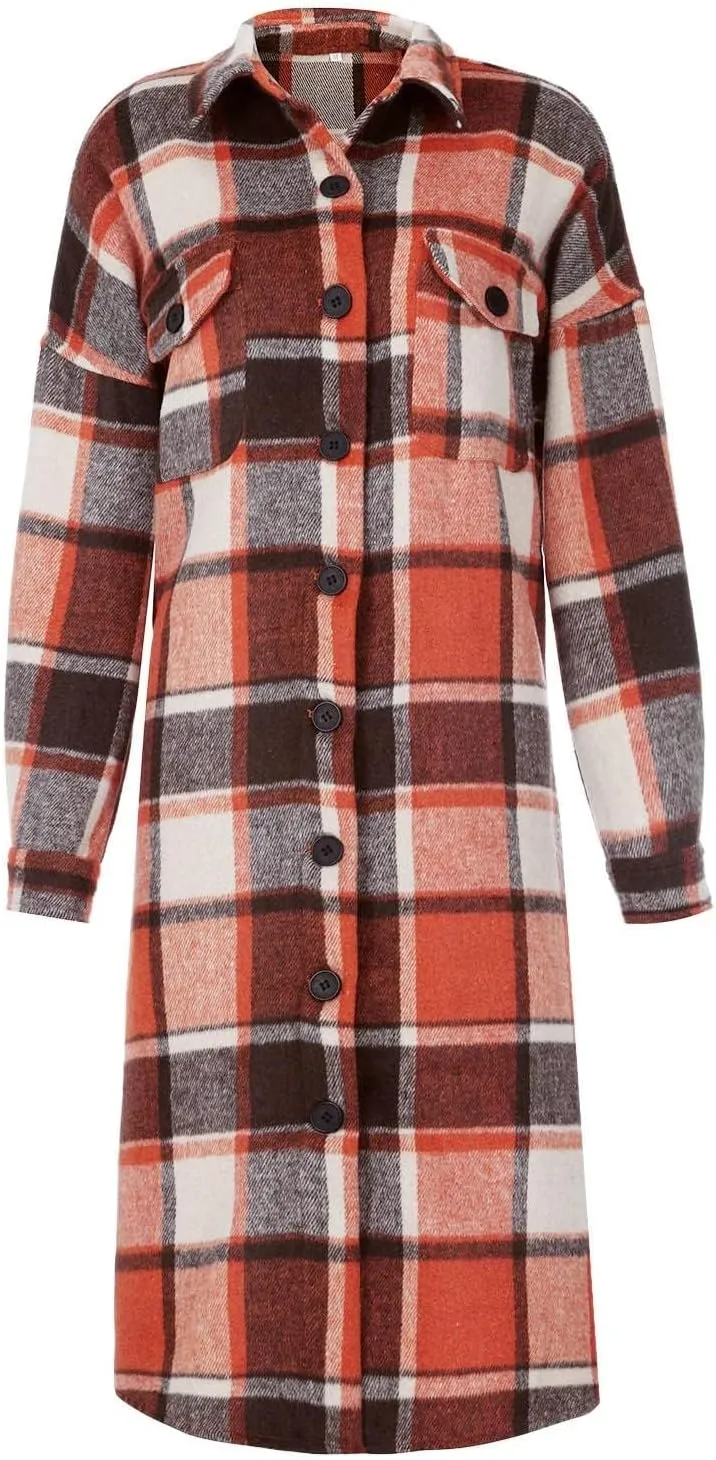 Womens Plaid Long Jacket Flannel Lapel Button Down Shirts Oversize Tartan Shacket Jacket Casual Fleece Trench Coats