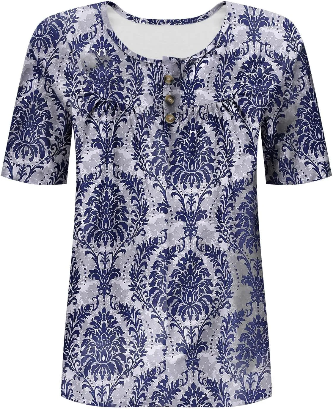 Women's Plus Size Tops Casual Summer Pleated Button Up Crewneck Tunic Shirt Loose Fit Short Sleeve Printed Blouses