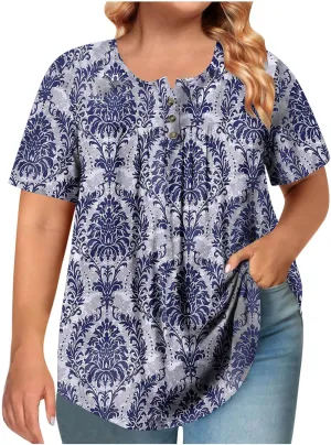 Women's Plus Size Tops Casual Summer Pleated Button Up Crewneck Tunic Shirt Loose Fit Short Sleeve Printed Blouses