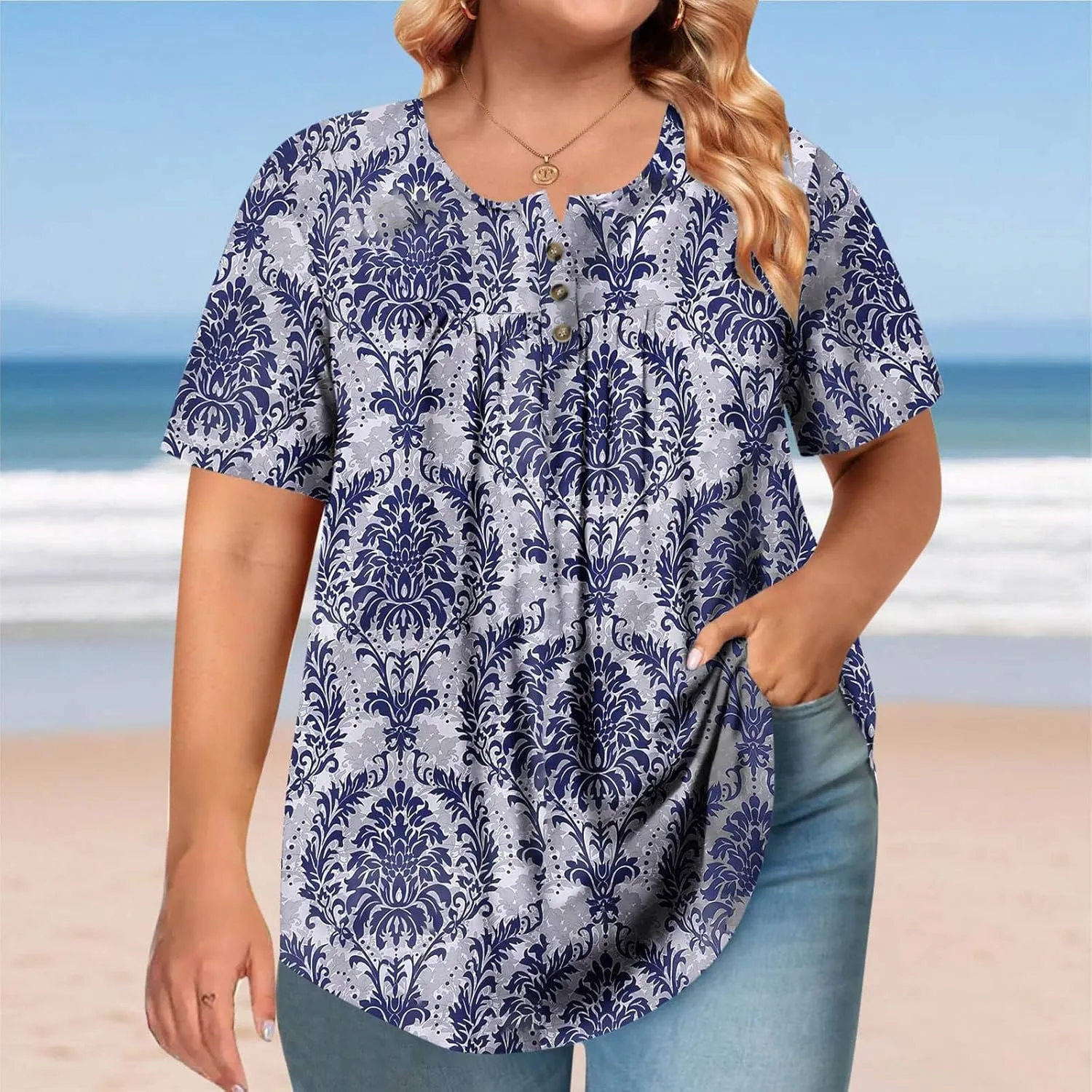 Women's Plus Size Tops Casual Summer Pleated Button Up Crewneck Tunic Shirt Loose Fit Short Sleeve Printed Blouses