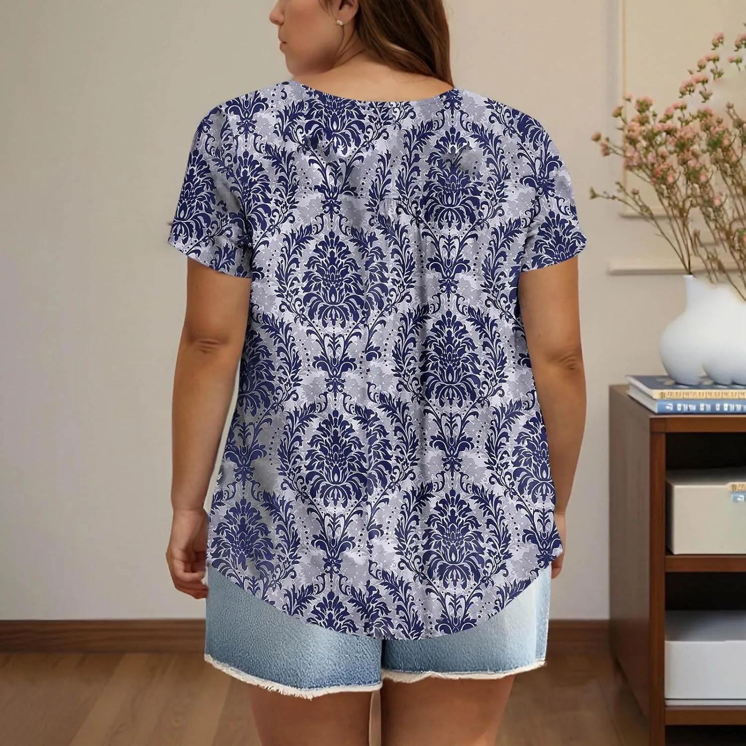 Women's Plus Size Tops Casual Summer Pleated Button Up Crewneck Tunic Shirt Loose Fit Short Sleeve Printed Blouses
