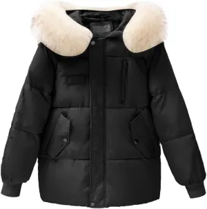 Women's Puffer Jackets Warm Thickened Zip Up Down Jackets Quilted Parkas with Faux Fur Hood Casual Outerwears Pockets
