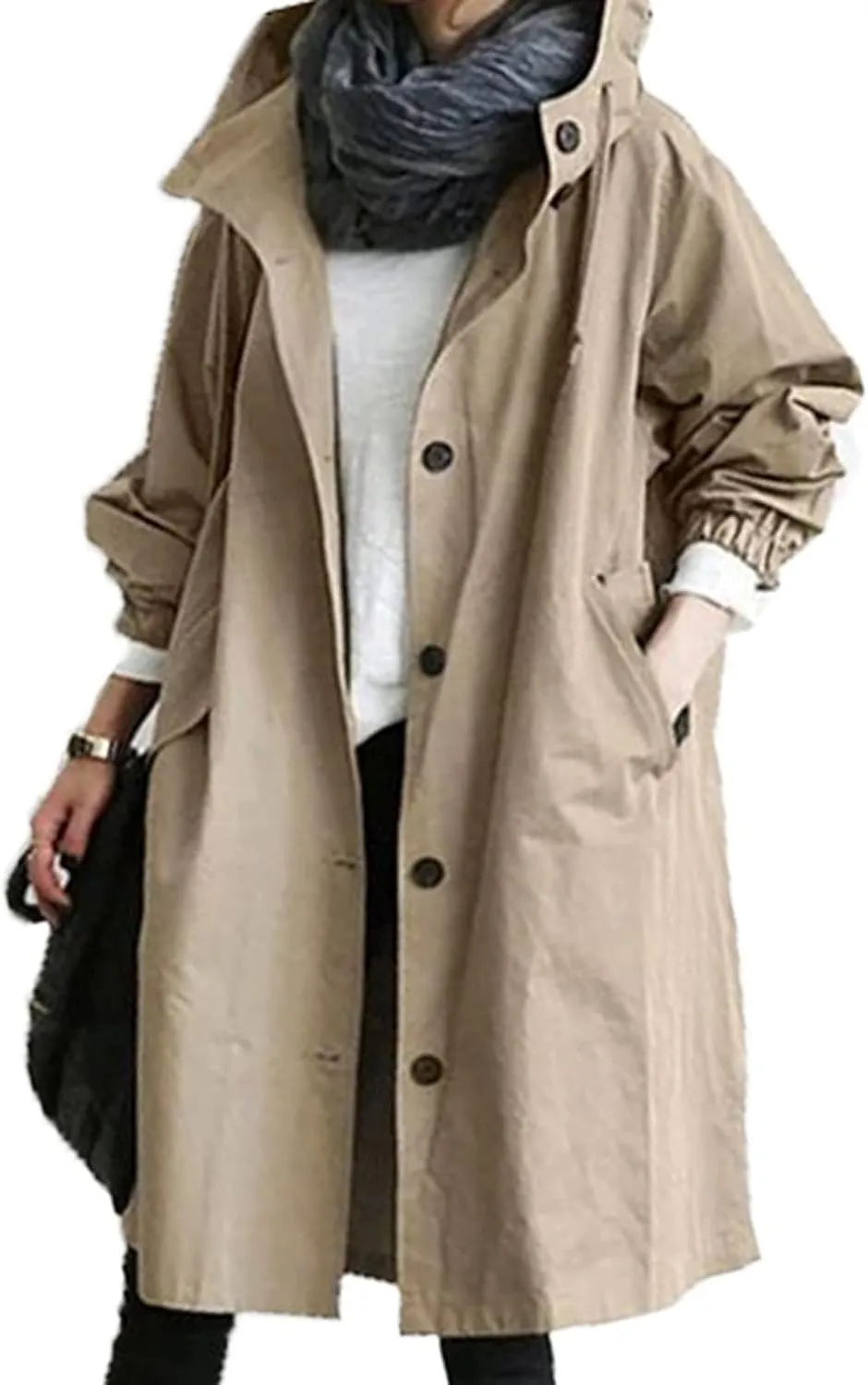 Women's Rain Jacket Button Waterproof Windbreaker Outdoor Trench Coat, S-5XL