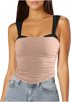Women's Sexy Sleeveless Ruched Tank Tops Color Block Slim Stretch Trendy Going Out Trendy Shirts Y2K Summer Outfits