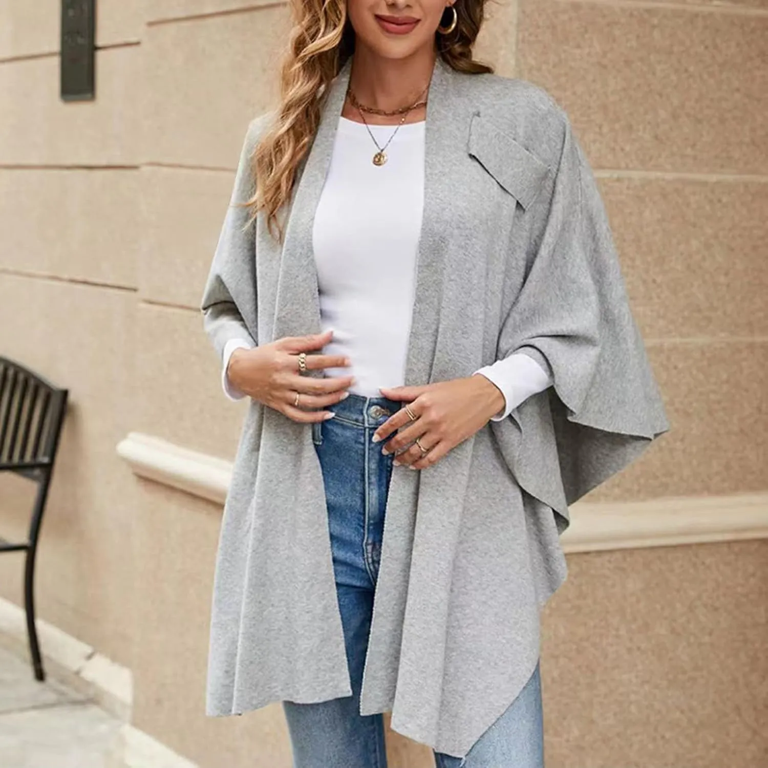 Women's Shawl Wrap Poncho Cape Dressy Solid Open Front Cardigan Shawls Fall Winter Elegant Knit Warm Sweater Cape