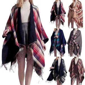 Women's Shawls Wraps Classic Plaid Open Front Poncho Winter Warm Blanket Cape Sweater Winter Thicken Tasswl Cardigan