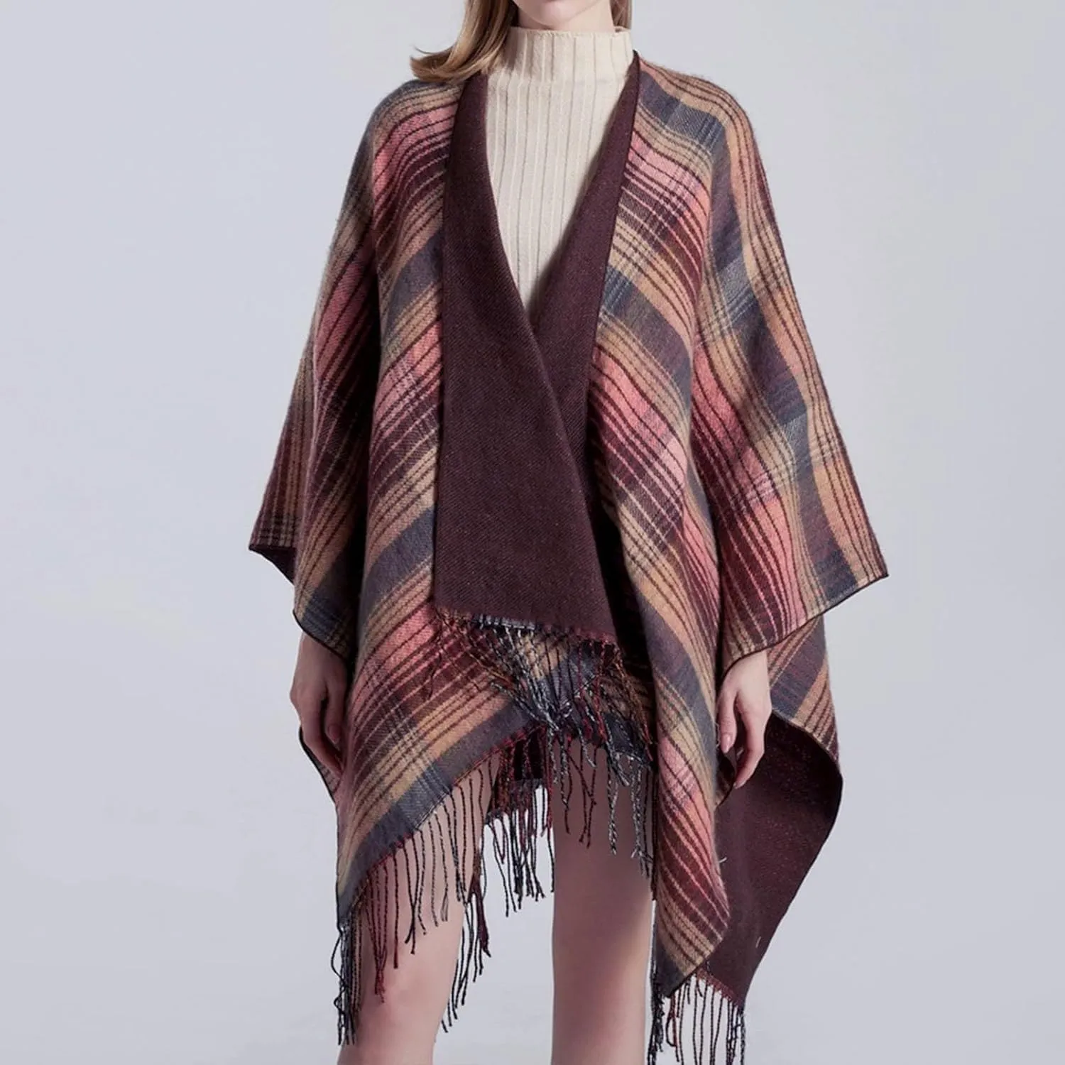 Women's Shawls Wraps Classic Plaid Open Front Poncho Winter Warm Blanket Cape Sweater Winter Thicken Tasswl Cardigan