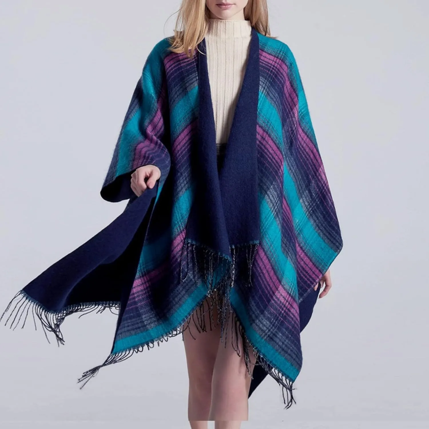 Women's Shawls Wraps Classic Plaid Open Front Poncho Winter Warm Blanket Cape Sweater Winter Thicken Tasswl Cardigan