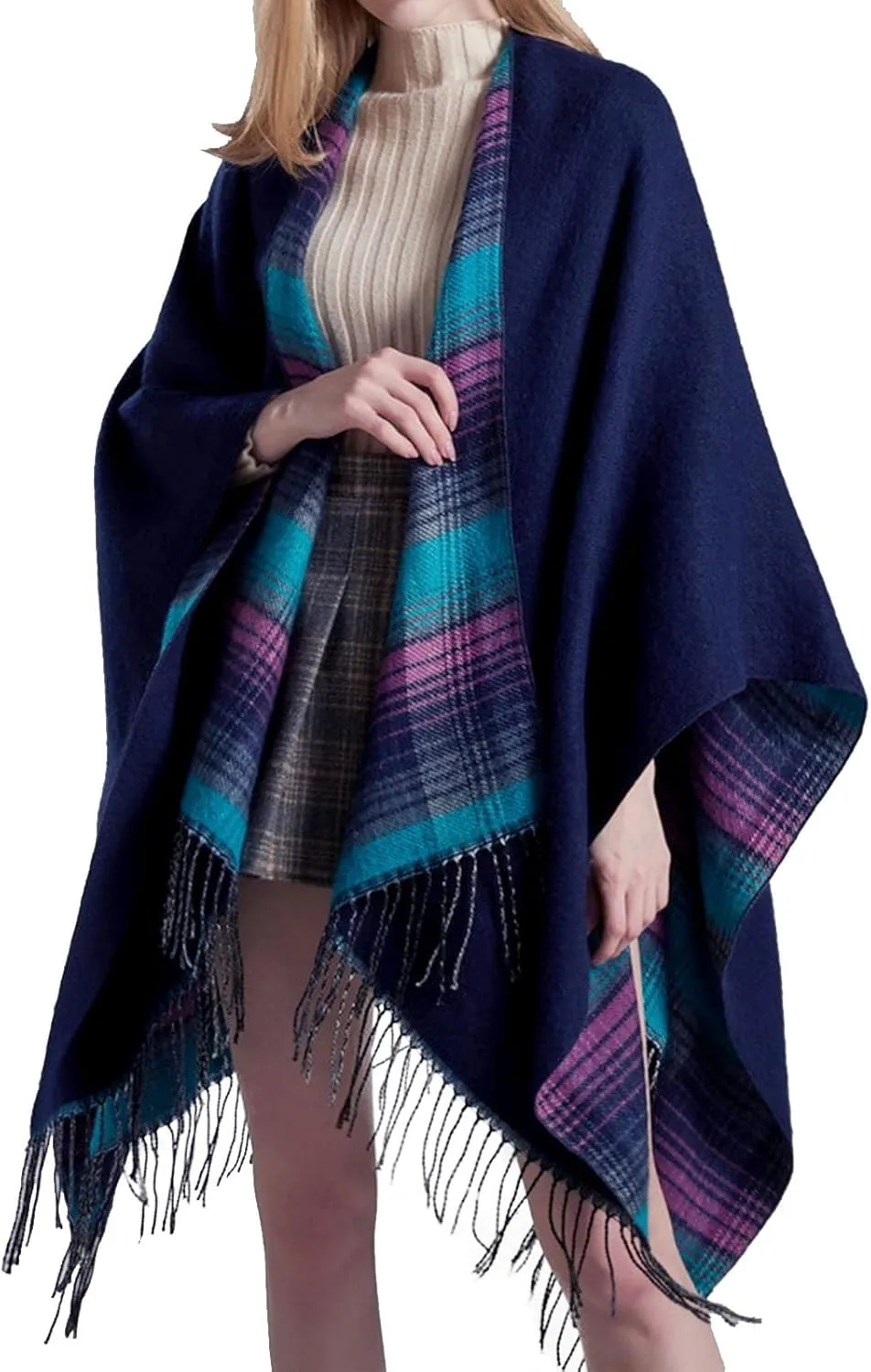 Women's Shawls Wraps Classic Plaid Open Front Poncho Winter Warm Blanket Cape Sweater Winter Thicken Tasswl Cardigan