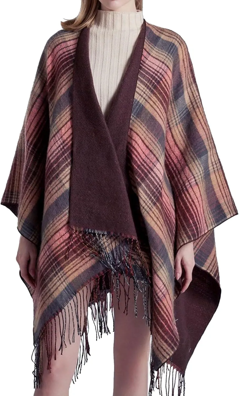 Women's Shawls Wraps Classic Plaid Open Front Poncho Winter Warm Blanket Cape Sweater Winter Thicken Tasswl Cardigan