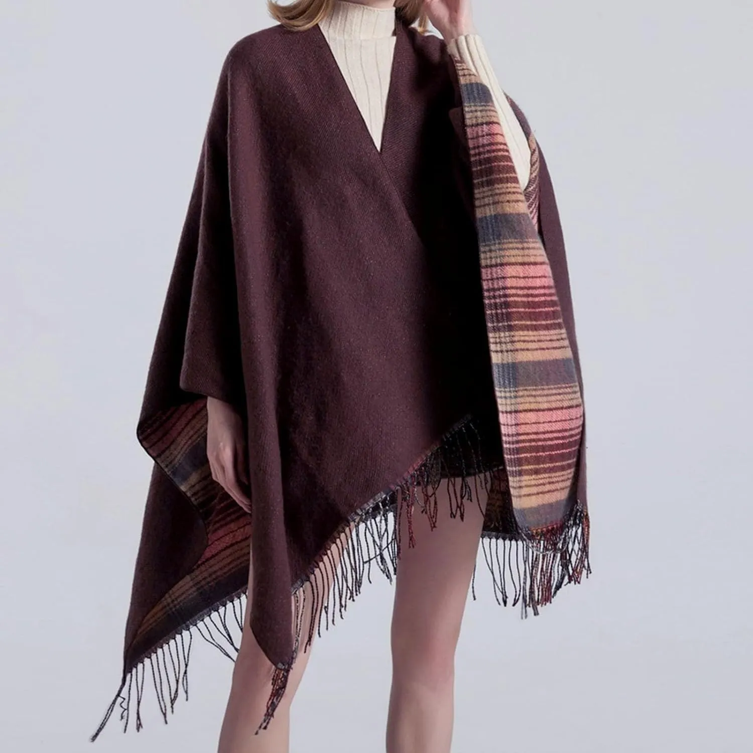 Women's Shawls Wraps Classic Plaid Open Front Poncho Winter Warm Blanket Cape Sweater Winter Thicken Tasswl Cardigan