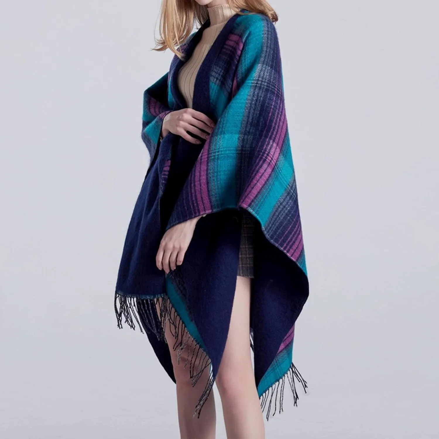 Women's Shawls Wraps Classic Plaid Open Front Poncho Winter Warm Blanket Cape Sweater Winter Thicken Tasswl Cardigan