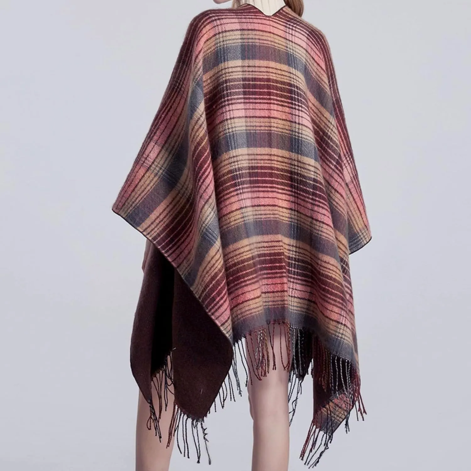 Women's Shawls Wraps Classic Plaid Open Front Poncho Winter Warm Blanket Cape Sweater Winter Thicken Tasswl Cardigan