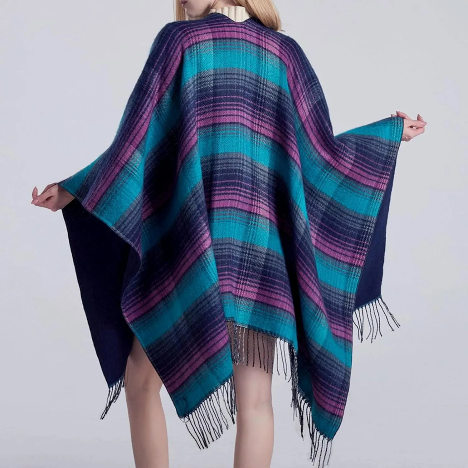 Women's Shawls Wraps Classic Plaid Open Front Poncho Winter Warm Blanket Cape Sweater Winter Thicken Tasswl Cardigan