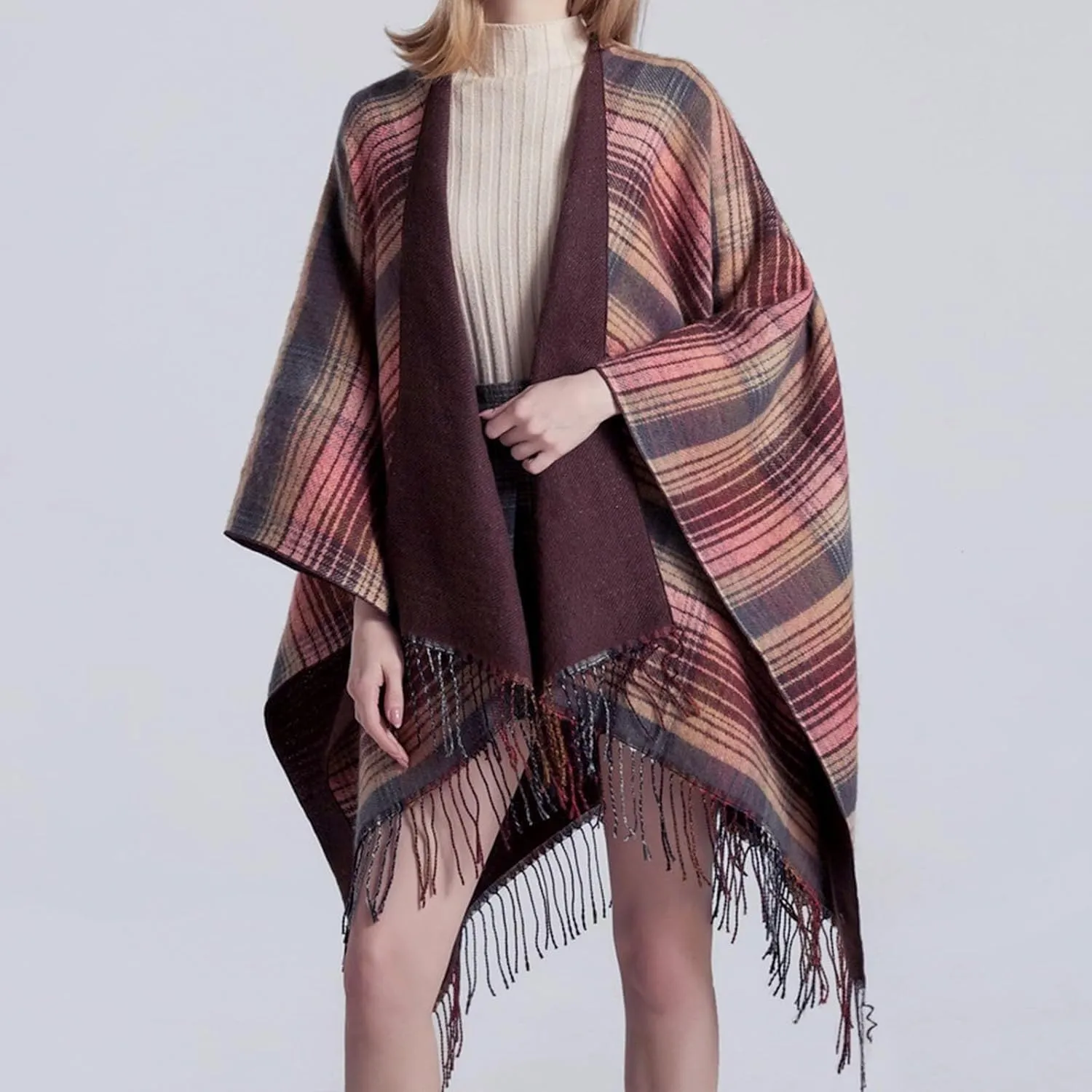 Women's Shawls Wraps Classic Plaid Open Front Poncho Winter Warm Blanket Cape Sweater Winter Thicken Tasswl Cardigan