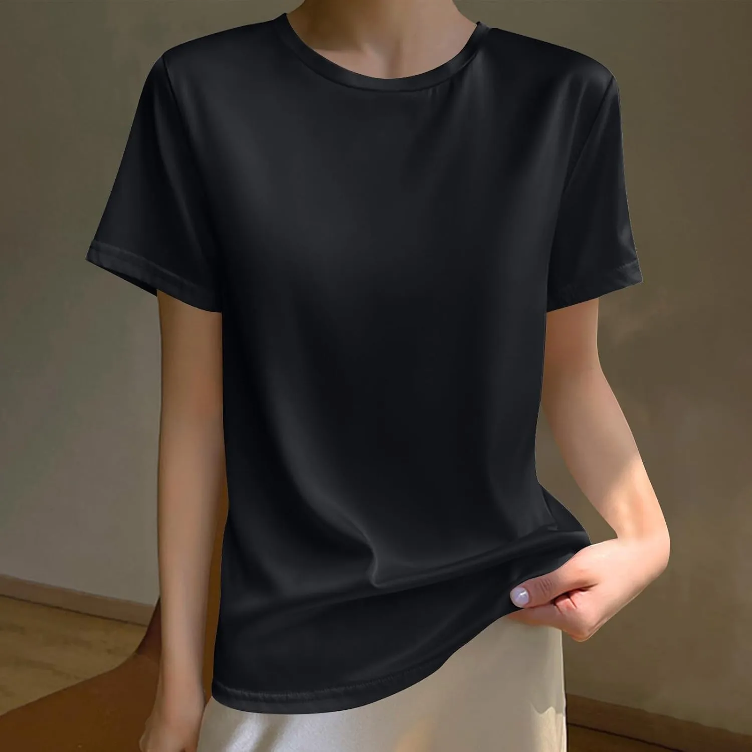 Women's Silk Satin Tops Summer Short Sleeve T Shirt Basic Solid Color Bottoming Tee Shirts Casual Blouse