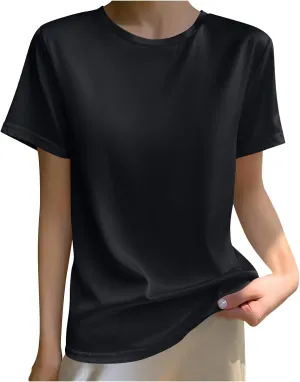 Women's Silk Satin Tops Summer Short Sleeve T Shirt Basic Solid Color Bottoming Tee Shirts Casual Blouse