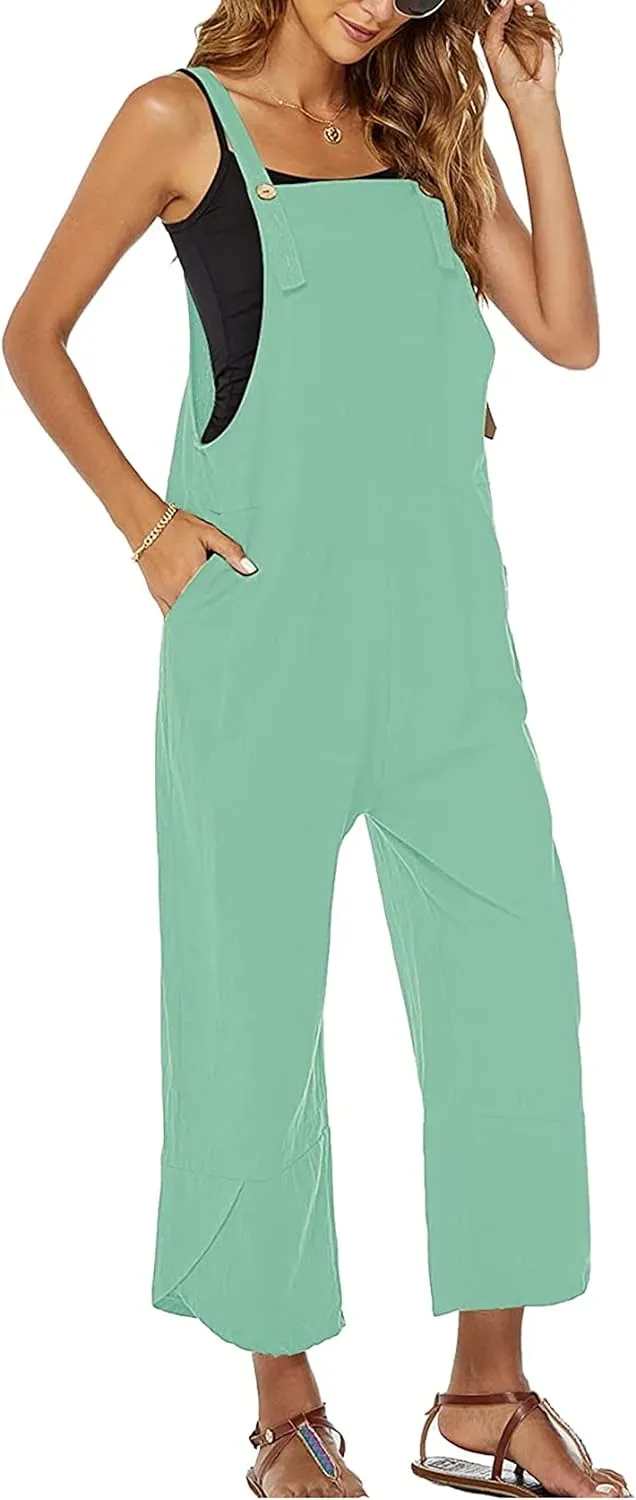 Womens Sleeveless Cotton Linen Adjustable Bib Overalls Baggy Jumpsuits Romper with Pockets Straps Jumpsuit