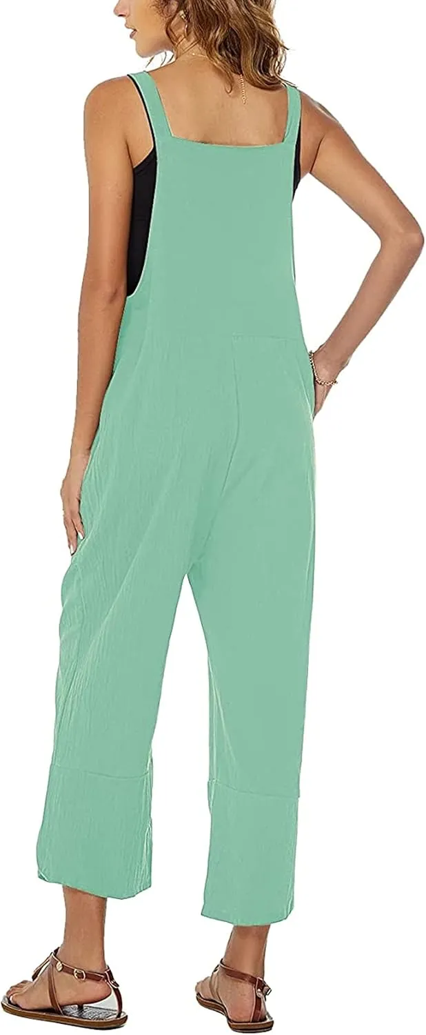 Womens Sleeveless Cotton Linen Adjustable Bib Overalls Baggy Jumpsuits Romper with Pockets Straps Jumpsuit