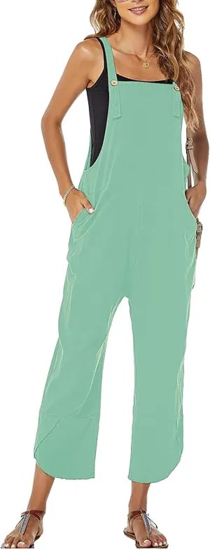 Womens Sleeveless Cotton Linen Adjustable Bib Overalls Baggy Jumpsuits Romper with Pockets Straps Jumpsuit