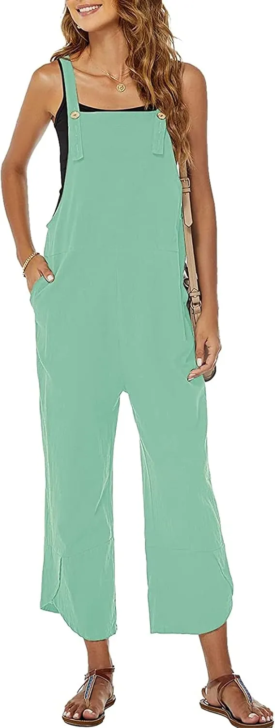 Womens Sleeveless Cotton Linen Adjustable Bib Overalls Baggy Jumpsuits Romper with Pockets Straps Jumpsuit