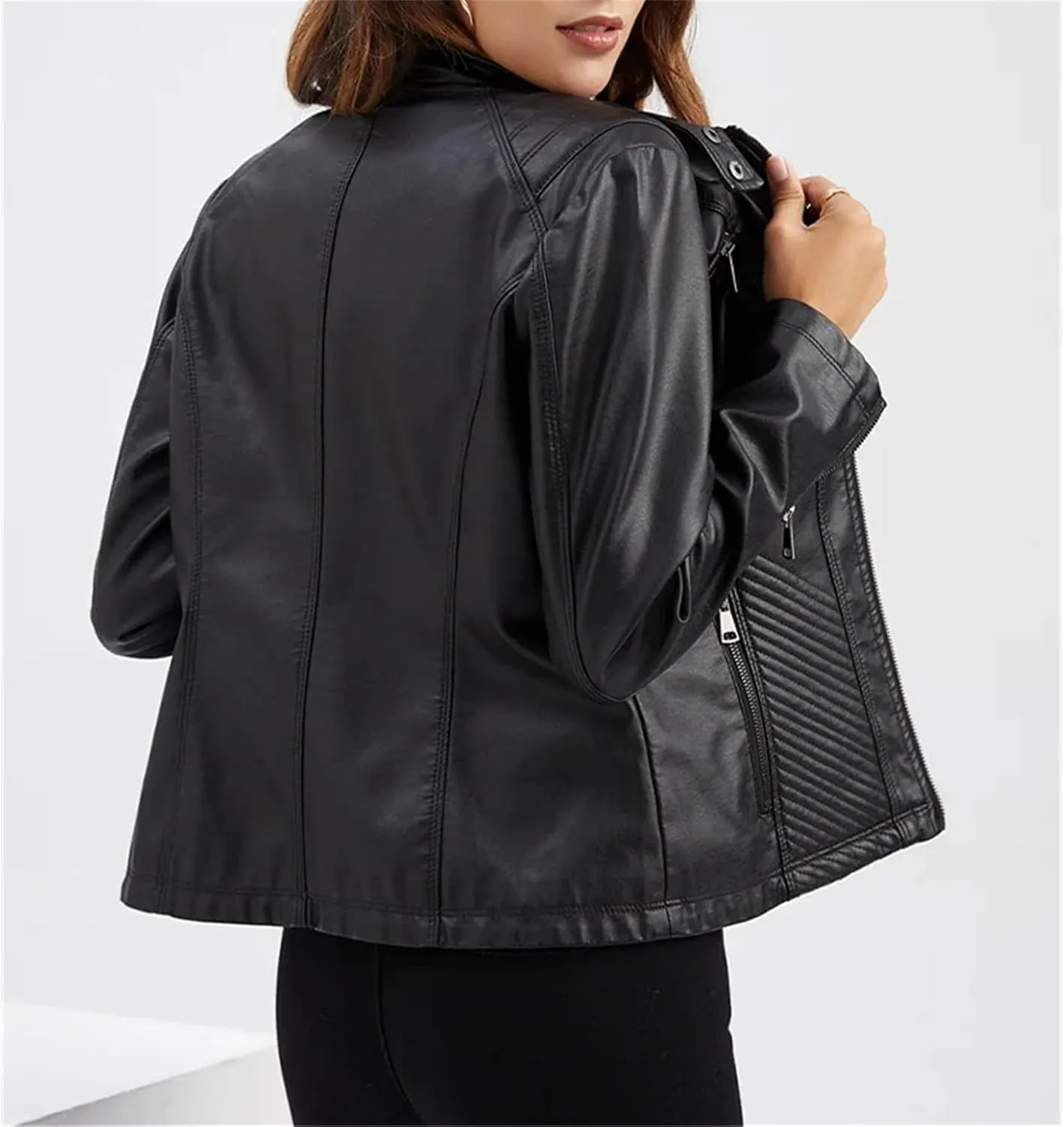 Women's Spring Autumn Leather Jacket With Zipper Long Sleeves Moto Biker Jacket Red Black Coat Ladies Outerwear