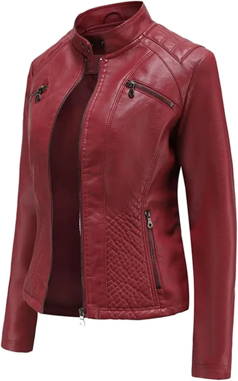 Women's Spring Autumn Leather Jacket With Zipper Long Sleeves Moto Biker Jacket Red Black Coat Ladies Outerwear