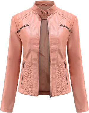 Women's Spring Autumn Leather Jacket With Zipper Long Sleeves Moto Biker Jacket Red Black Coat Ladies Outerwear