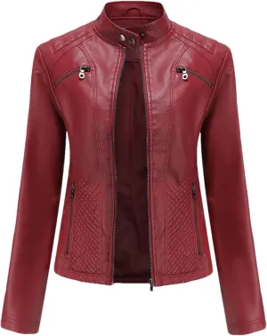 Women's Spring Autumn Leather Jacket With Zipper Long Sleeves Moto Biker Jacket Red Black Coat Ladies Outerwear