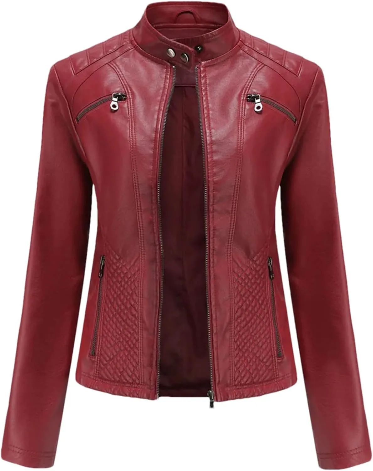Women's Spring Autumn Leather Jacket With Zipper Long Sleeves Moto Biker Jacket Red Black Coat Ladies Outerwear