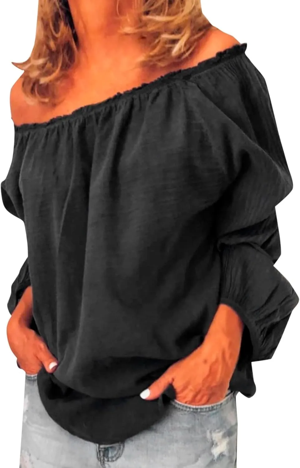 Women's Summer Off Shoulder Blouses Short Sleeves Sexy Tops Chiffon Ruffles Casual T Shirt Linen Tops