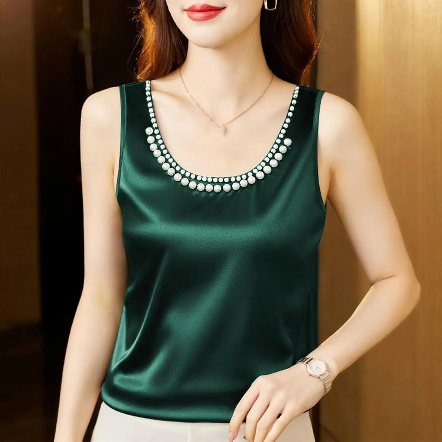 Women's Summer Satin Tank Tops with Pearl Beading Scoop Neck Sleeveless Shirts Dressy Casual Silk Blouse Camisole