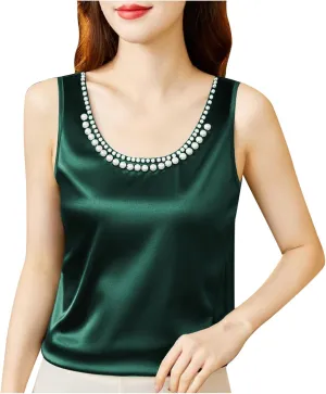 Women's Summer Satin Tank Tops with Pearl Beading Scoop Neck Sleeveless Shirts Dressy Casual Silk Blouse Camisole