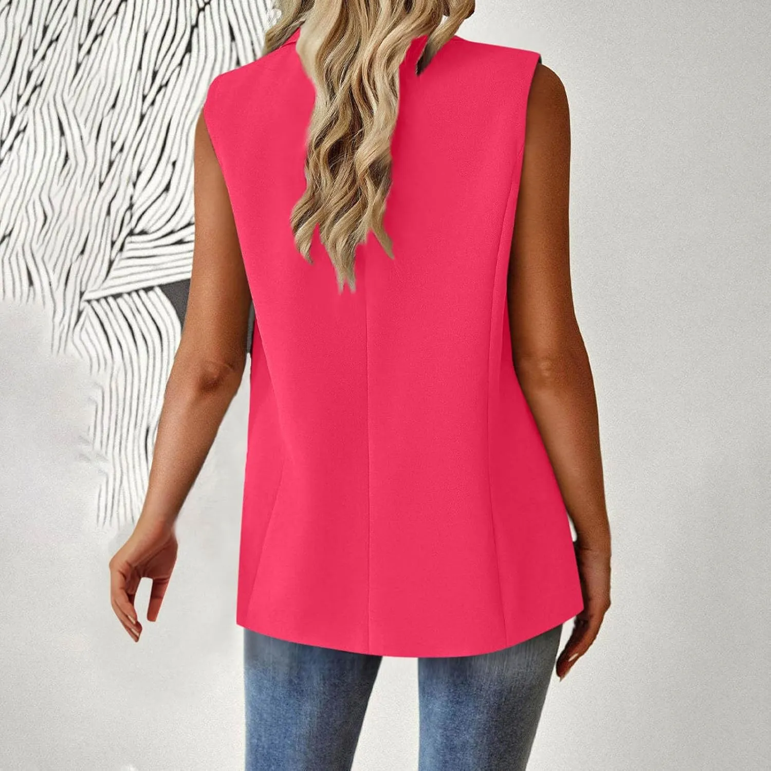 Women's Summer Sleeveless Vest Tops Fashion Casual Open Front Cardigan Button Collared Work Office Blazers with Pockets