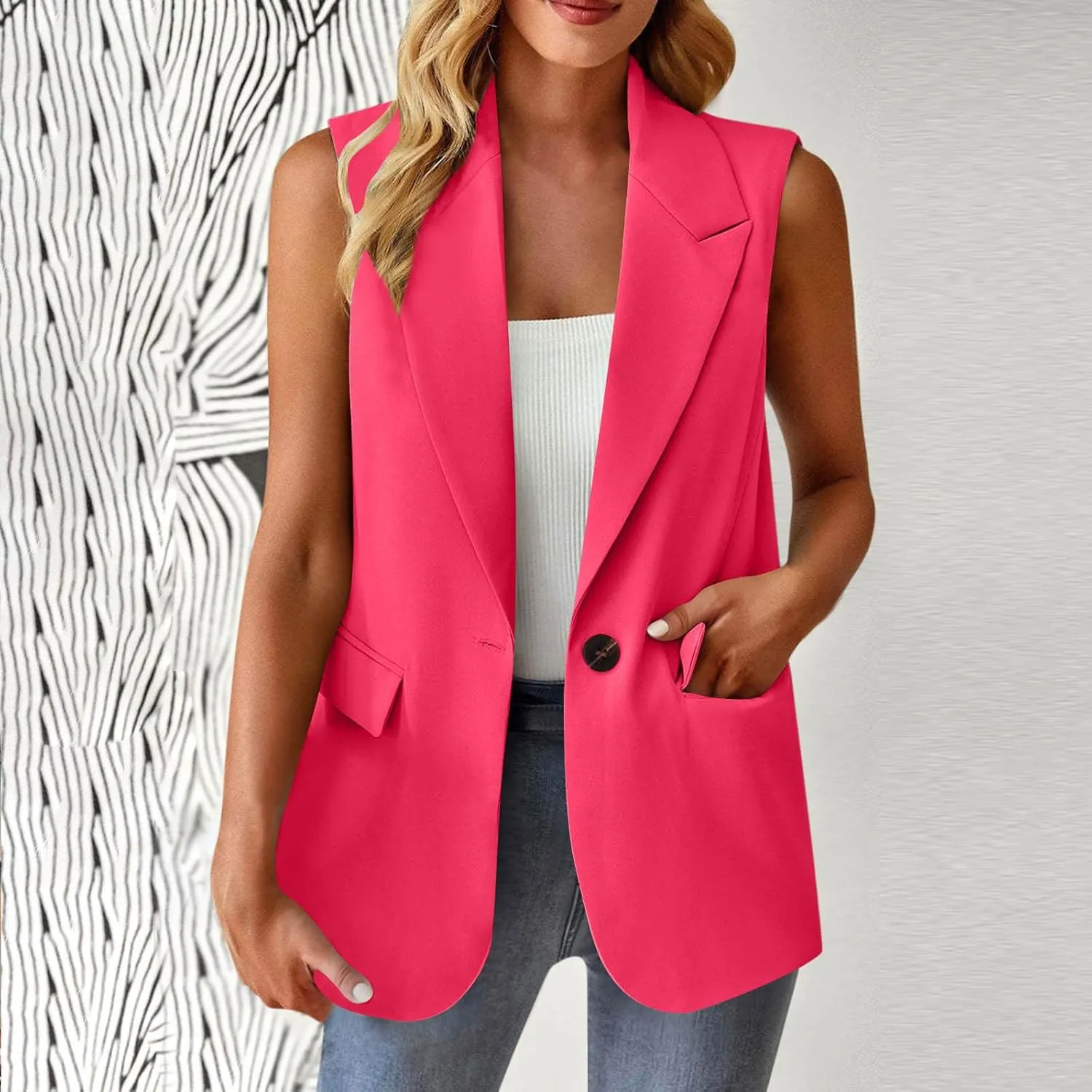 Women's Summer Sleeveless Vest Tops Fashion Casual Open Front Cardigan Button Collared Work Office Blazers with Pockets