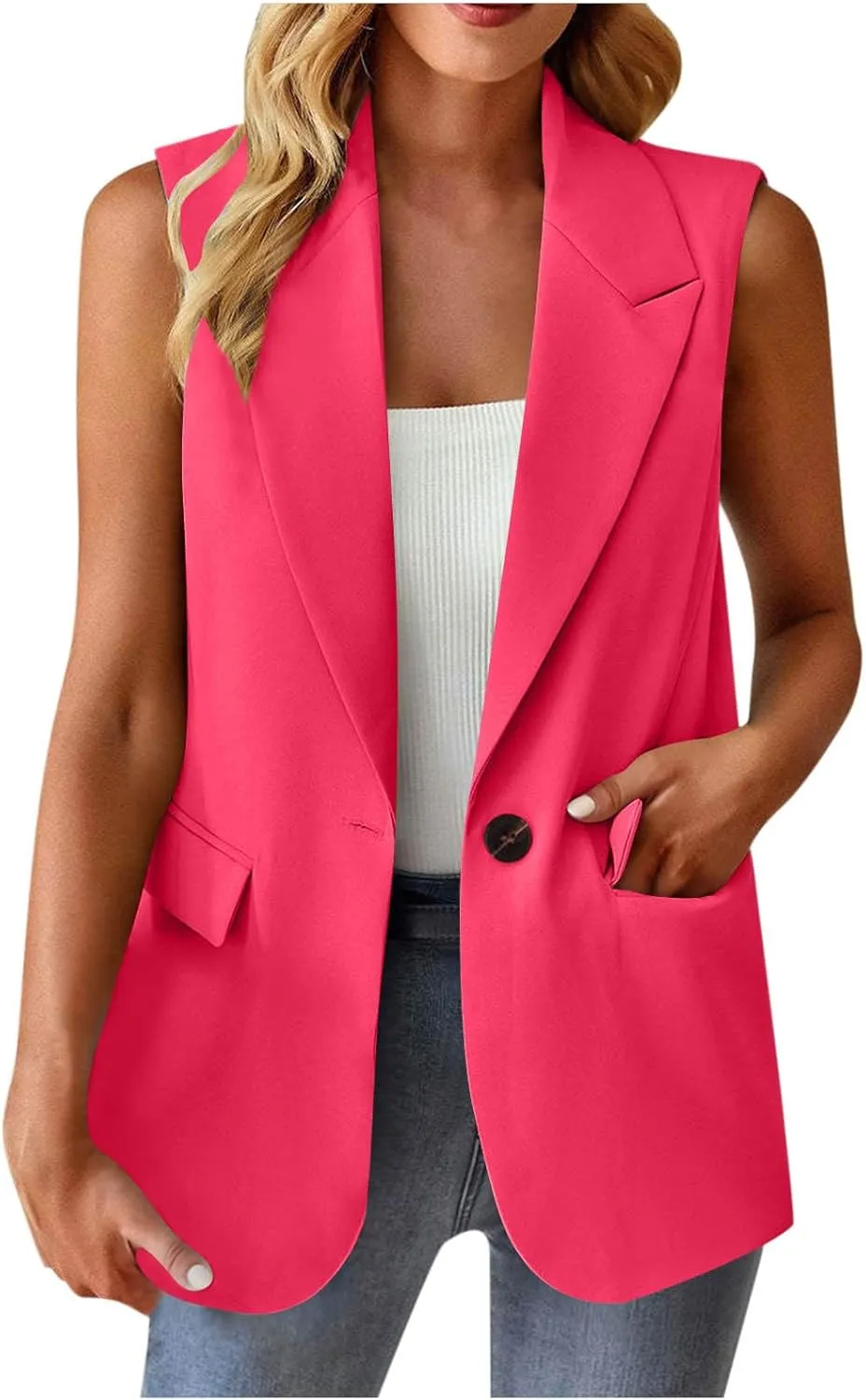 Women's Summer Sleeveless Vest Tops Fashion Casual Open Front Cardigan Button Collared Work Office Blazers with Pockets