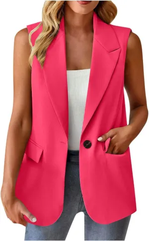 Women's Summer Sleeveless Vest Tops Fashion Casual Open Front Cardigan Button Collared Work Office Blazers with Pockets
