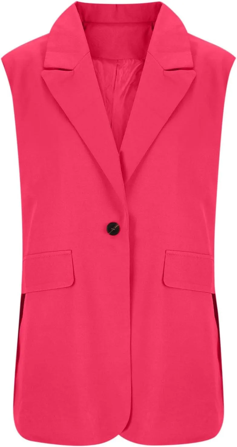 Women's Summer Sleeveless Vest Tops Fashion Casual Open Front Cardigan Button Collared Work Office Blazers with Pockets