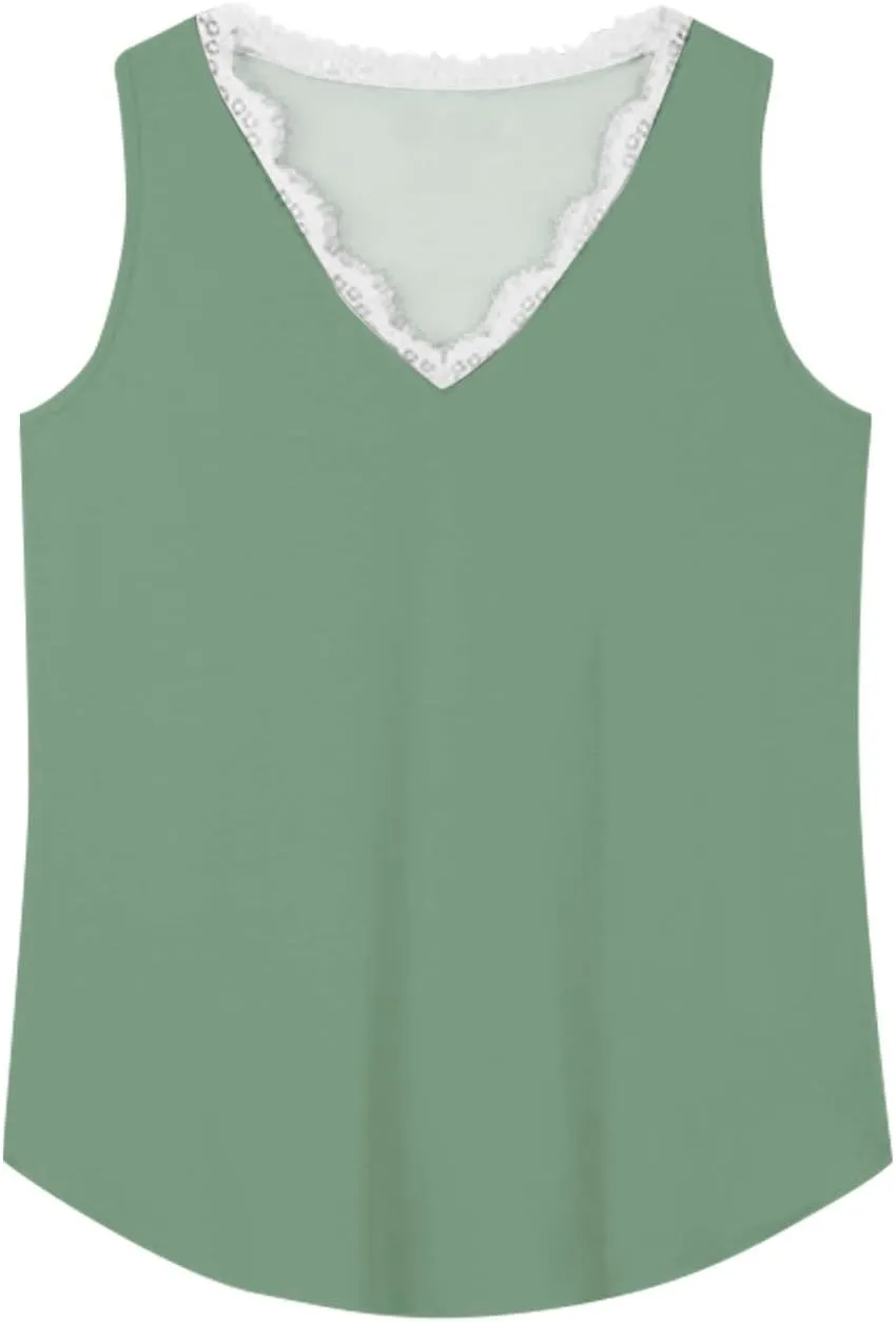 Womens Summer Tank Tops Loose Fit Lace V Neck Sleeveless Tunic Tops Dressy Casual Flowy Shirts