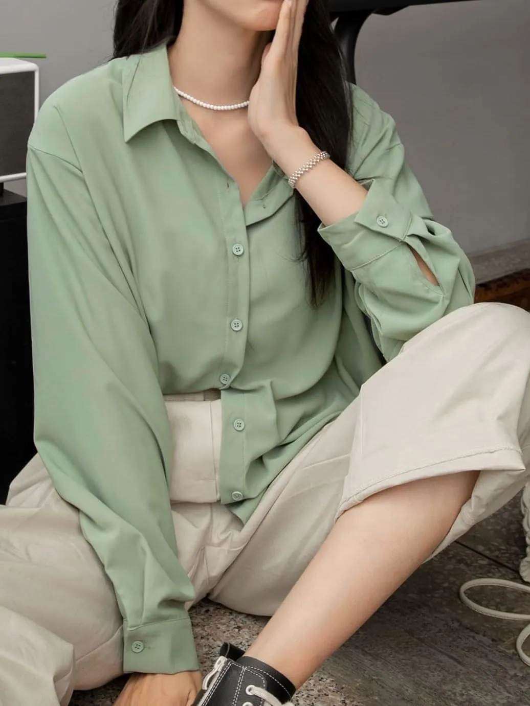 Womens Summer Work Blouse Drop Shoulder Button Front Shirt Long Sleeve Tops Tops
