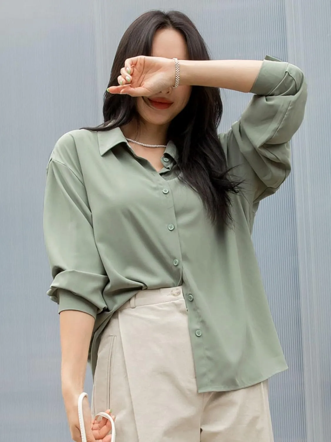 Womens Summer Work Blouse Drop Shoulder Button Front Shirt Long Sleeve Tops Tops