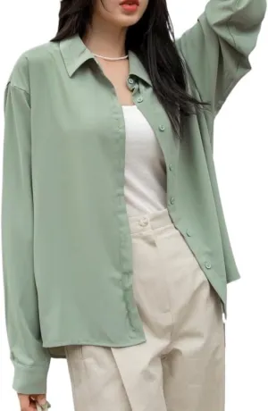 Womens Summer Work Blouse Drop Shoulder Button Front Shirt Long Sleeve Tops Tops